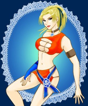 beast-gamer's sigh, karin koenig, margarete gertrude zelle, shadow hearts, shadow hearts ii, hand on leg, hand on thigh, lowres, 1girl, blonde hair, blue eyes, breasts, center opening, choker, cleavage, closed mouth, cosplay, facing viewer, female focus, hair ribbon, hair tie, hand on own leg, hand on own thigh, high ponytail, karin koenig (cosplay), long hair, looking at viewer, midriff, navel, off shoulder, ponytail, red hair, ribbon, solo, standing