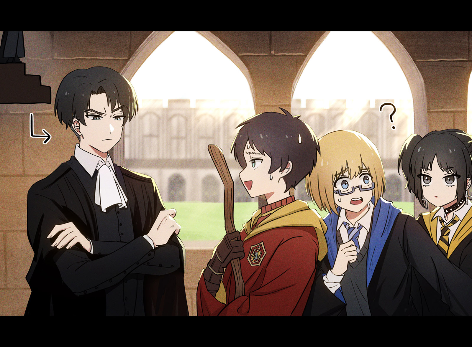 harry potter (series), wizarding world, highres, 1girl, 3boys, ?, ascot, black border, black hair, black robe, blonde hair, blue eyes, border, broom, brown gloves, brown hair, castle, collared shirt, cross, cross earrings, crossed arms, earrings, furrowed brow, glasses, gloves, green eyes, grey eyes, grey sweater vest, gryffindor, holding, holding broom, hood, hood down, hufflepuff, jewelry, letterboxed, medium hair, multiple boys, necktie, nervous smile, nervous sweating, ng note02, official alternate hairstyle, parted bangs, quidditch, ravenclaw, red robe, robe, school uniform, shirt, short hair, short twintails, smile, striped necktie, studded choker, sweat, sweater vest, twintails, upper body, white ascot, white shirt