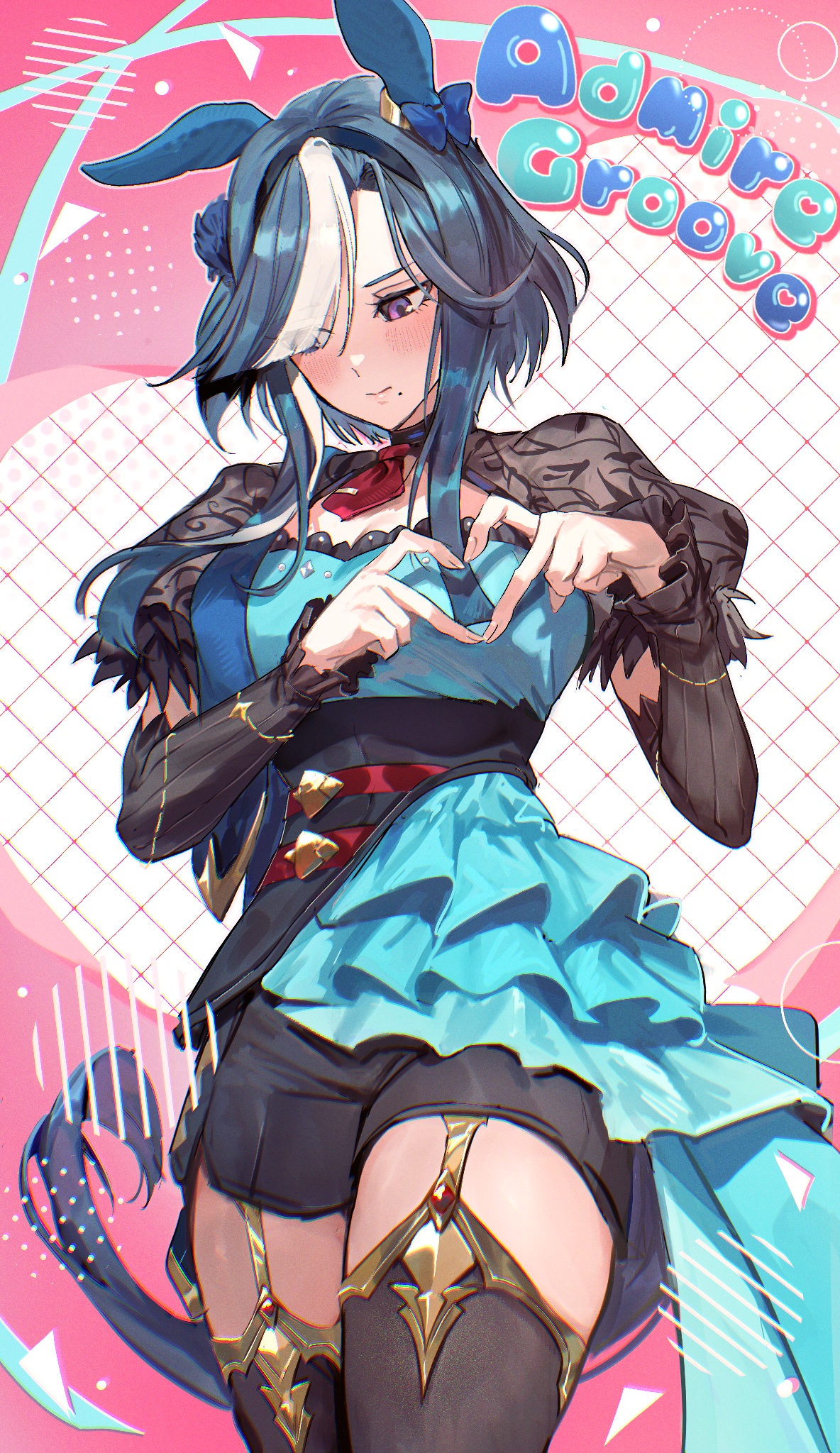 bojue (hakus 1128), admire groove (umamusume), umamusume, highres, 1girl, animal ears, black dress, black shorts, black sleeves, black thighhighs, blue dress, blue hair, blush, bow, breasts, cleavage cutout, closed mouth, clothing cutout, detached sleeves, dress, ear bow, ear covers, ear ornament, garter straps, hairband, heart, heart hands, horse ears, horse girl, horse tail, lace trim, long hair, looking down, mole, mole under mouth, multicolored hair, necktie, purple eyes, red necktie, short necktie, shorts, smile, streaked hair, tail, thighhighs, white hair