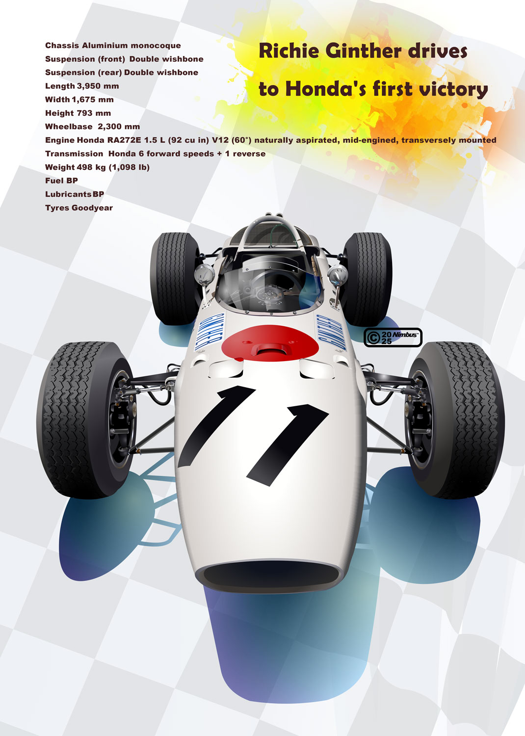 nimbus goldbrum, formula one, honda, commentary request, highres, 2025, artist name, car, checkered background, copyright notice, english text, formula racer, honda ra272, motor vehicle, no humans, race vehicle, racecar, red circle, shadow, stats, vehicle focus, white car