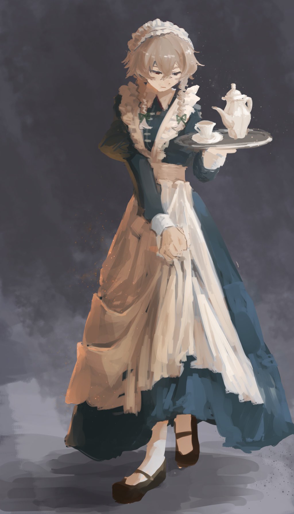 bo cota, izayoi sakuya, touhou, highres, 1girl, alternate costume, apron, cup, full body, grey hair, holding, holding tray, long hair, maid headdress, solo, teacup, teapot, tray, waist apron