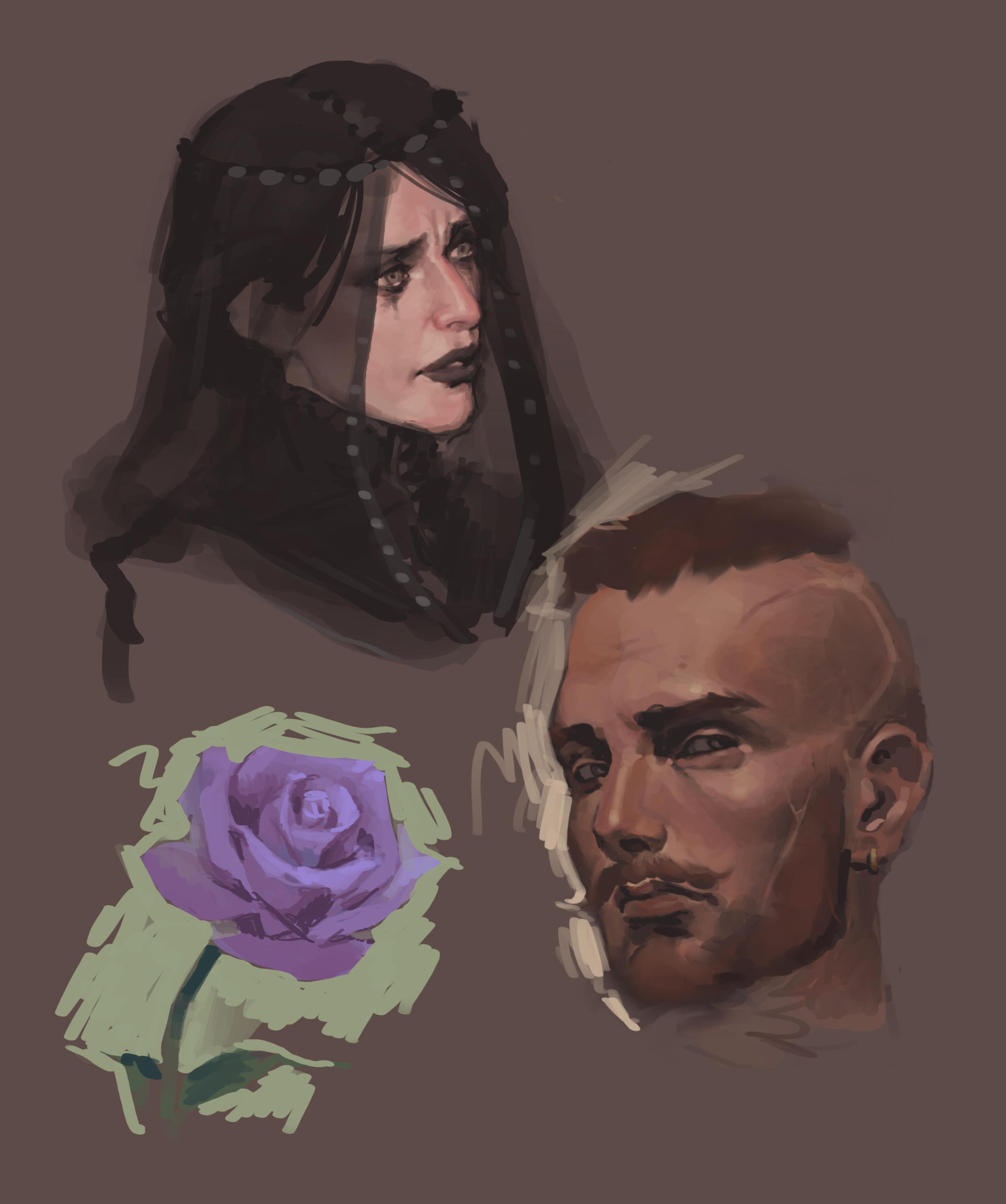 iris von everec, the witcher (series), the witcher 3, absurdres, highres, 1boy, 1girl, beard, black hair, black lips, black veil, brown background, brown hair, doestdoest, facial hair, flower, husband and wife, mustache, olgierd von everec, purple flower, purple rose, rose, simple background, undercut, veil
