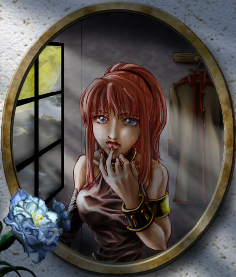 hata en, tamaki kazu, karin koenig, shadow hearts, shadow hearts ii, 1girl, armlet, blue eyes, blush, bracelet, female focus, flower, indoors, jewelry, looking at viewer, mirror, ponytail, red hair, reflection, sidelocks, solo, window