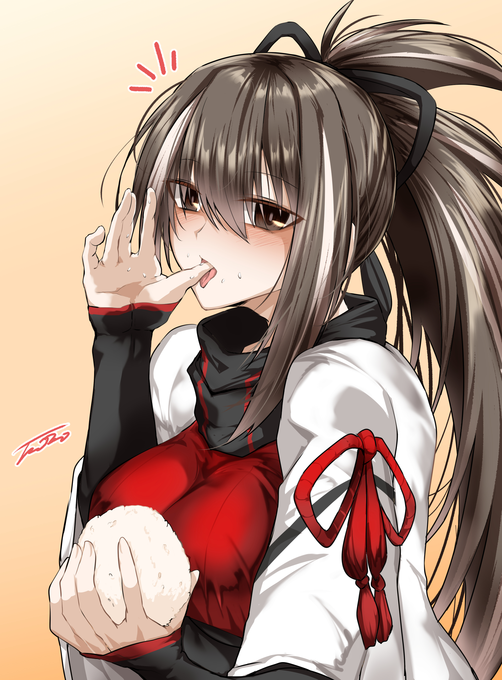 tgxx3300, kawakami gensai (fate), fate/grand order, fate (series), highres, 1girl, black eyes, black hair, black scarf, breasts, food, japanese clothes, large breasts, licking, licking finger, long hair, looking at viewer, multicolored hair, onigiri, ponytail, scarf, signature, solo, tongue, tongue out, upper body, white hair