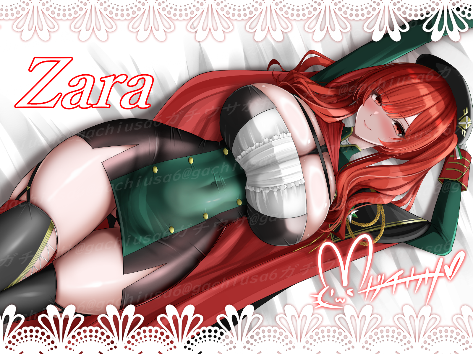 hisin, zara (azur lane), azur lane, commentary request, highres, partial commentary, 1girl, arms up, bed sheet, beret, between breasts, black dress, black hat, black panties, black thighhighs, blush, breasts, cape, center frills, character name, cleavage, closed mouth, covered navel, cowboy shot, dress, frills, garter straps, green dress, green shrug, hair between eyes, hat, huge breasts, long hair, long sleeves, looking at viewer, lying, multicolored dress, nose blush, on back, panties, pantyshot, red cape, red eyes, red hair, short dress, shrug (clothing), sidelocks, signature, skindentation, smile, solo, strap between breasts, strapless, strapless dress, thighhighs, thighs, twintails, underwear, watermark, wide hips, zettai ryouiki