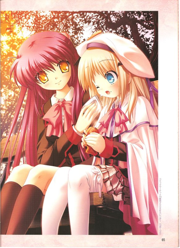 hinoue itaru, na-ga, futaki kanata, noumi kudryavka, little busters!, 2girls, aqua eyes, blonde hair, bow, cape, eating, food, hat, long hair, multiple girls, nature, pink bow, purple hair, ribbon, school uniform, serafuku, taiyaki, thighhighs, very long hair, wagashi, yellow eyes