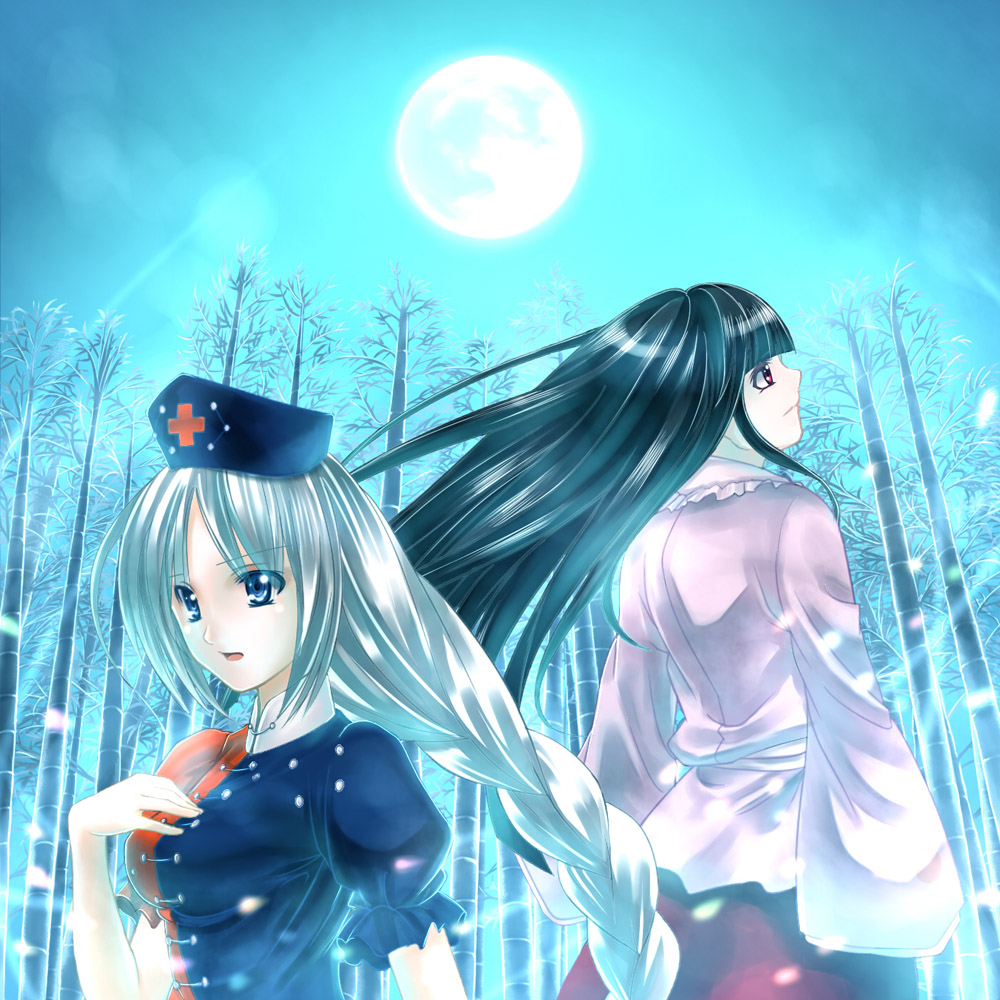takemori shintarou, houraisan kaguya, yagokoro eirin, touhou, bad id, bad pixiv id, 2girls, braid, female focus, hat, kon batto bizen osafune, long hair, moon, multiple girls, tree