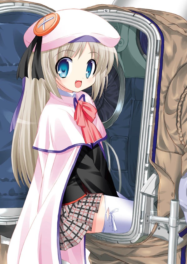 nal, nal (studio ng), noumi kudryavka, little busters!, silver hair, 1girl, aqua eyes, bow, buttons, cape, fang, female focus, hat, long hair, pink bow, school uniform, serafuku, smile, solo, spacesuit, thighhighs