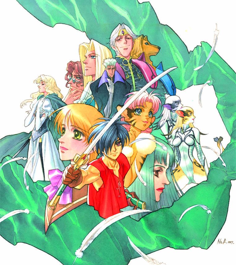 yuuki nobuteru, allen schezar, celena schezar, dilandau albatou, dryden fassa, eriya (tenkuu no escaflowne), folken fanel, jajuka (tenkuu no escaflowne), kanzaki hitomi, merle (tenkuu no escaflowne), millerna aston, naria (tenkuu no escaflowne), van fanel, varie (tenkuu no escaflowne), tenkuu no escaflowne, official art, 1990s (style), 5boys, 6+girls, animal ears, blonde hair, blue eyes, bow, brown hair, cat girl, closed mouth, copyright name, dress, elbow gloves, feathers, gloves, holding, holding sword, holding weapon, lips, long hair, looking at viewer, multiple boys, multiple girls, pink bow, pink hair, retro artstyle, signature, smile, sword, weapon