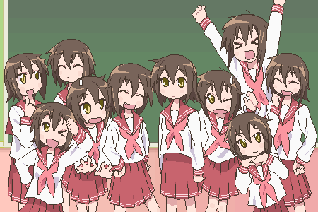 chuubatsu nagano, tyuubatu, kusakabe misao, lucky star, motteke! serafuku, lowres, > <, 00s, 6+girls, ^ ^, brown hair, chalkboard, classroom, clone, closed eyes, fang, happy, indoors, looking at viewer, multiple girls, oekaki, one eye closed, school, school uniform, serafuku, short hair, smile, wink, yellow eyes
