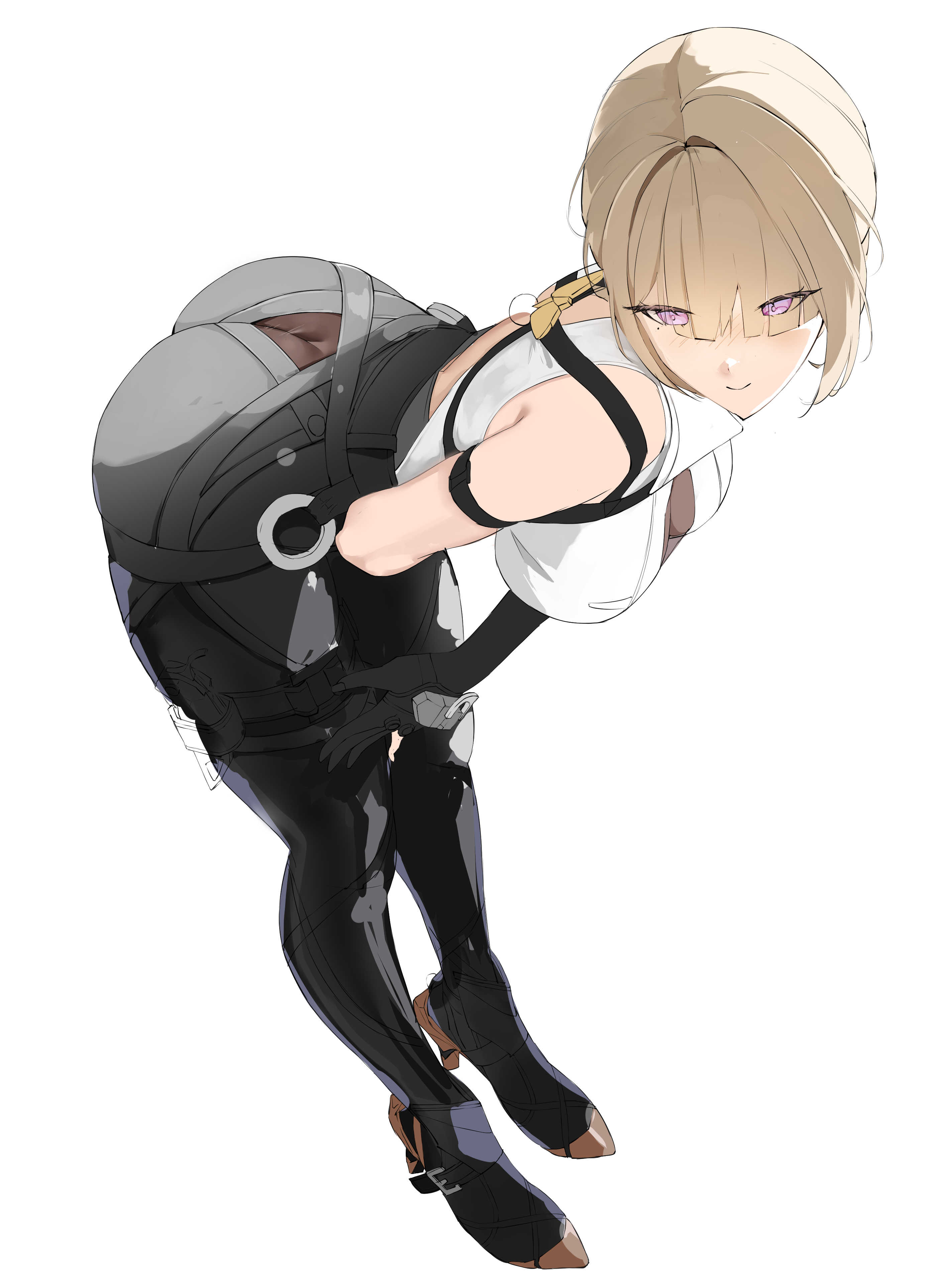 smurtz, evelyn chevalier, zenless zone zero, absurdres, commentary, english commentary, highres, unfinished, 1girl, arm strap, ass, bent over, black pants, blonde hair, breasts, chest harness, elbow gloves, from above, gloves, hair up, hand on own knee, harness, high-waist pants, high heels, large breasts, latex pants, mole, mole under eye, pants, purple eyes, see-through cleavage, see-through clothes, simple background, single elbow glove, solo, tight clothes, tight pants, white background