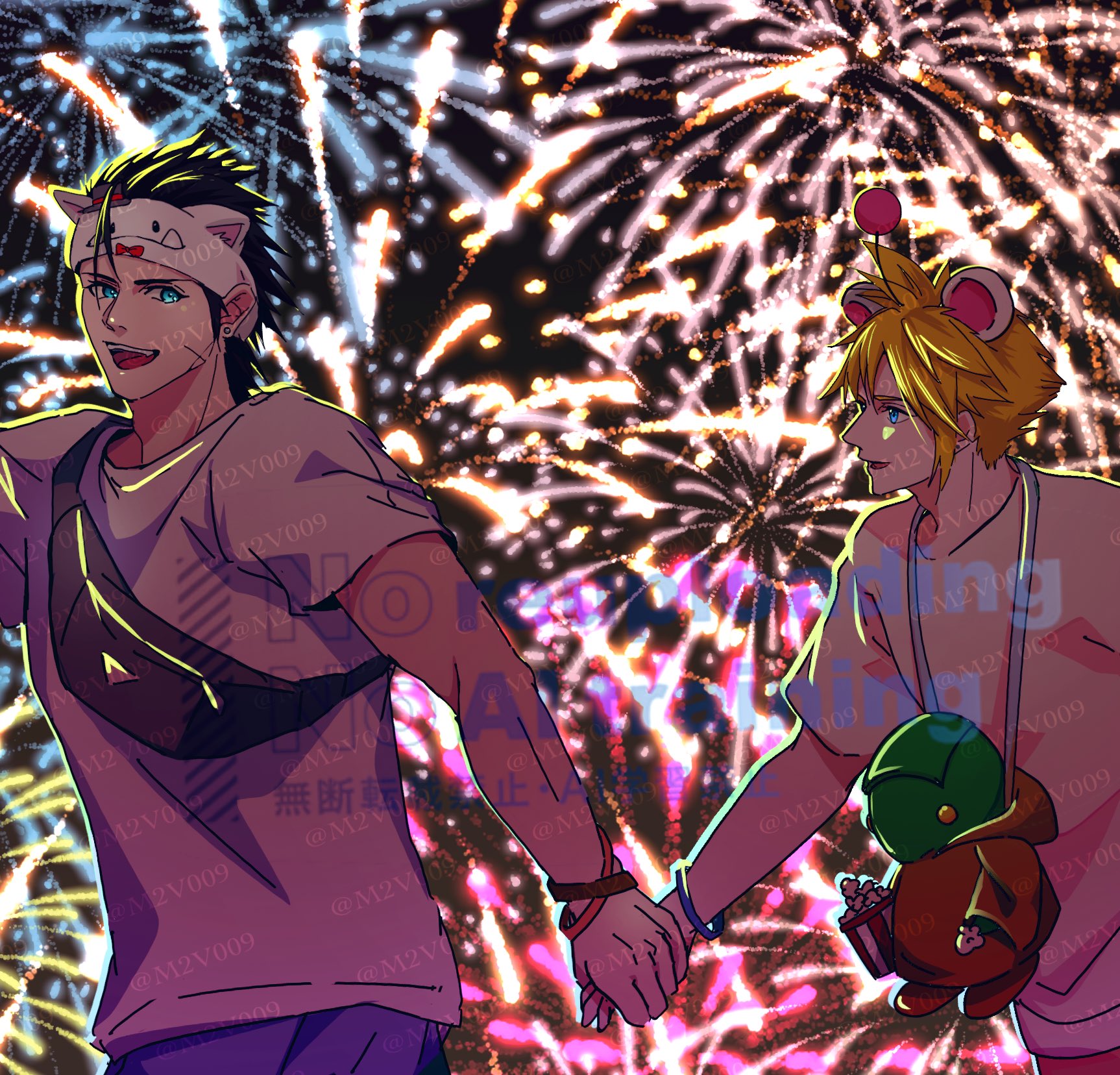 m2v009, cloud strife, moogle, tonberry, zack fair, final fantasy, final fantasy vii, highres, 2boys, animal ear hairband, animal ear headband, animal ears, aqua eyes, black hair, blonde hair, blue pants, bracelet, cross scar, crossbody bag, earrings, facial scar, fake animal ears, fireworks, hair between eyes, hairband, holding hands, jewelry, long hair, looking at another, male focus, multiple boys, pants, scar, scar on cheek, scar on face, shirt, short hair, single earring, smile, spiked hair, t-shirt, upper body, very long hair, watermark, white shirt, yaoi, yellow pants