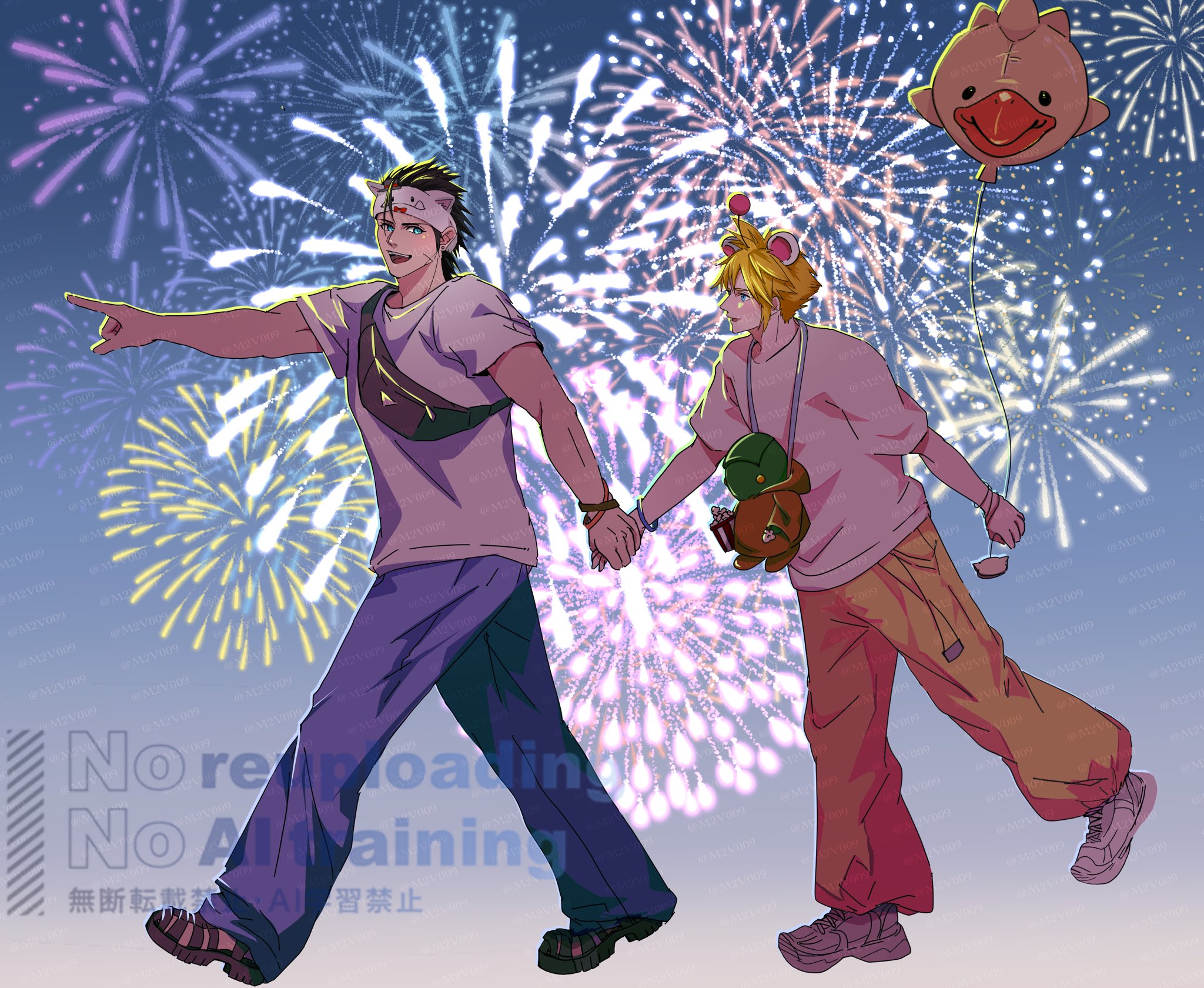 m2v009, chocobo, cloud strife, moogle, tonberry, zack fair, final fantasy, final fantasy vii, highres, 2boys, animal balloon, animal ear hairband, animal ear headband, animal ears, aqua eyes, black hair, blonde hair, blue pants, bracelet, cross scar, crossbody bag, earrings, facial scar, fake animal ears, fireworks, full body, hair between eyes, hairband, holding hands, jewelry, long hair, looking at another, male focus, multiple boys, outstretched hand, pants, pointing, sandals, scar, scar on cheek, scar on face, shirt, shoes, short hair, single earring, smile, sneakers, spiked hair, t-shirt, very long hair, walking, watermark, white shirt, white shoes, yaoi