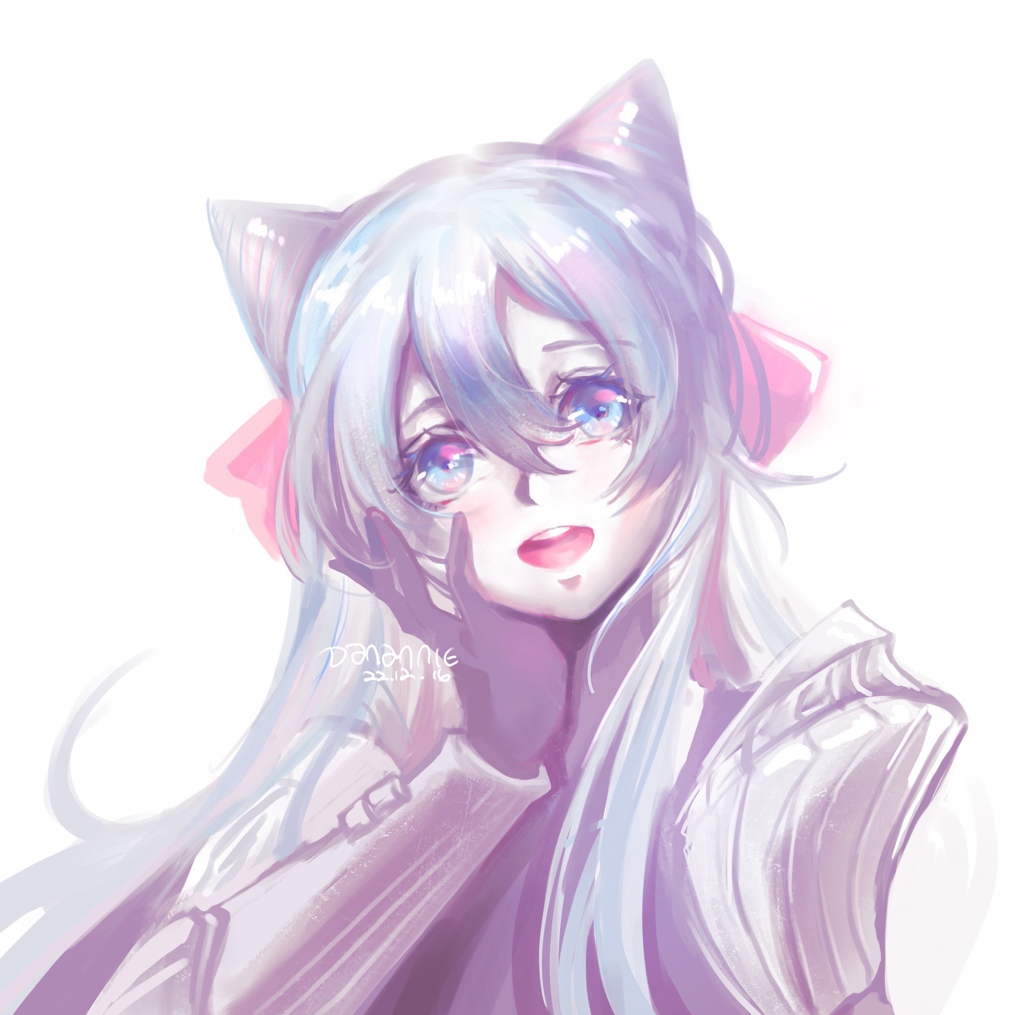 danannie, rosado (fire emblem), fire emblem, fire emblem engage, nintendo, highres, 1boy, androgynous, blue eyes, blue hair, cone hair bun, drill hair, hair bun, hair horns, pink hair, smile, solo, trap