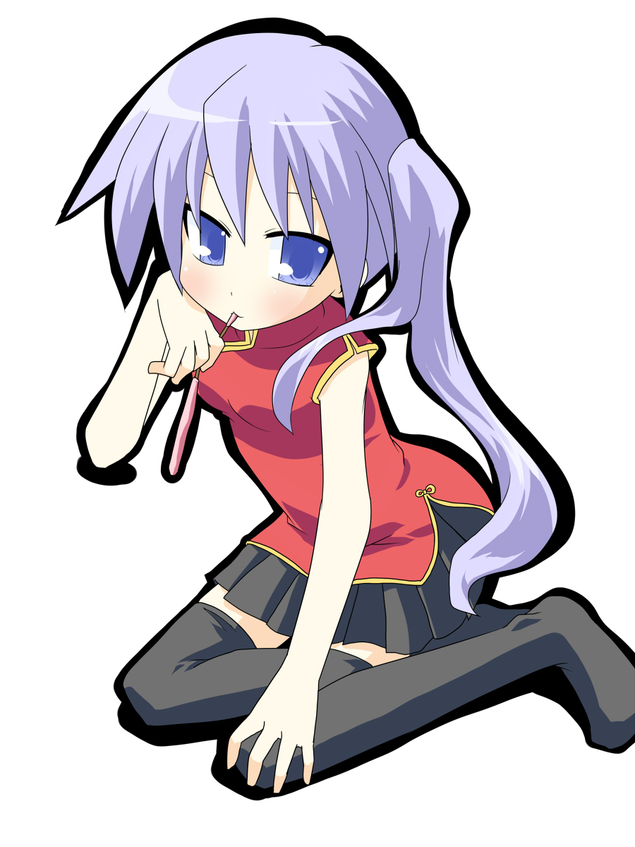 hujikok, hiiragi kagami, lucky star, bad id, bad pixiv id, highres, 00s, 1girl, black thighhighs, blue eyes, china dress, chinese clothes, dress, eating, female focus, food, long hair, miniskirt, pleated skirt, pocky, purple hair, simple background, sitting, skirt, solo, thighhighs, tsurime, twintails, yokozuwari, zettai ryouiki