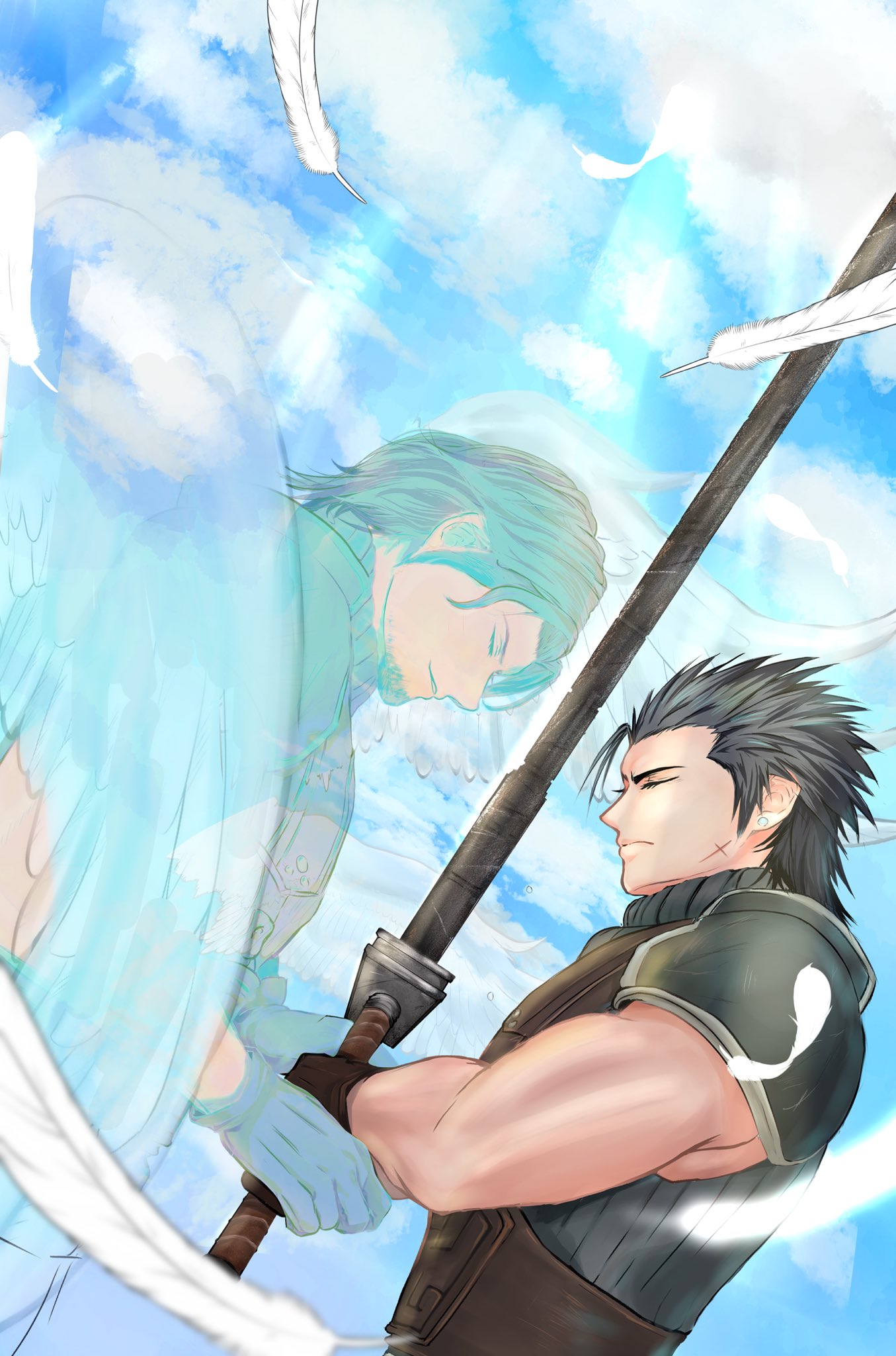 m2v009, angeal hewley, zack fair, crisis core final fantasy vii, final fantasy, final fantasy vii, highres, 2boys, armor, beard, belt, black hair, brown belt, buster sword, chinstrap beard, closed eyes, cloud, cloudy sky, facial hair, falling feathers, feathers, furrowed brow, hair slicked back, holding, holding sword, holding weapon, light smile, male focus, multiple boys, parted bangs, pauldrons, shoulder armor, sideburns, sky, sleeveless, sleeveless turtleneck, spirit, sword, turtleneck, upper body, weapon, white feathers