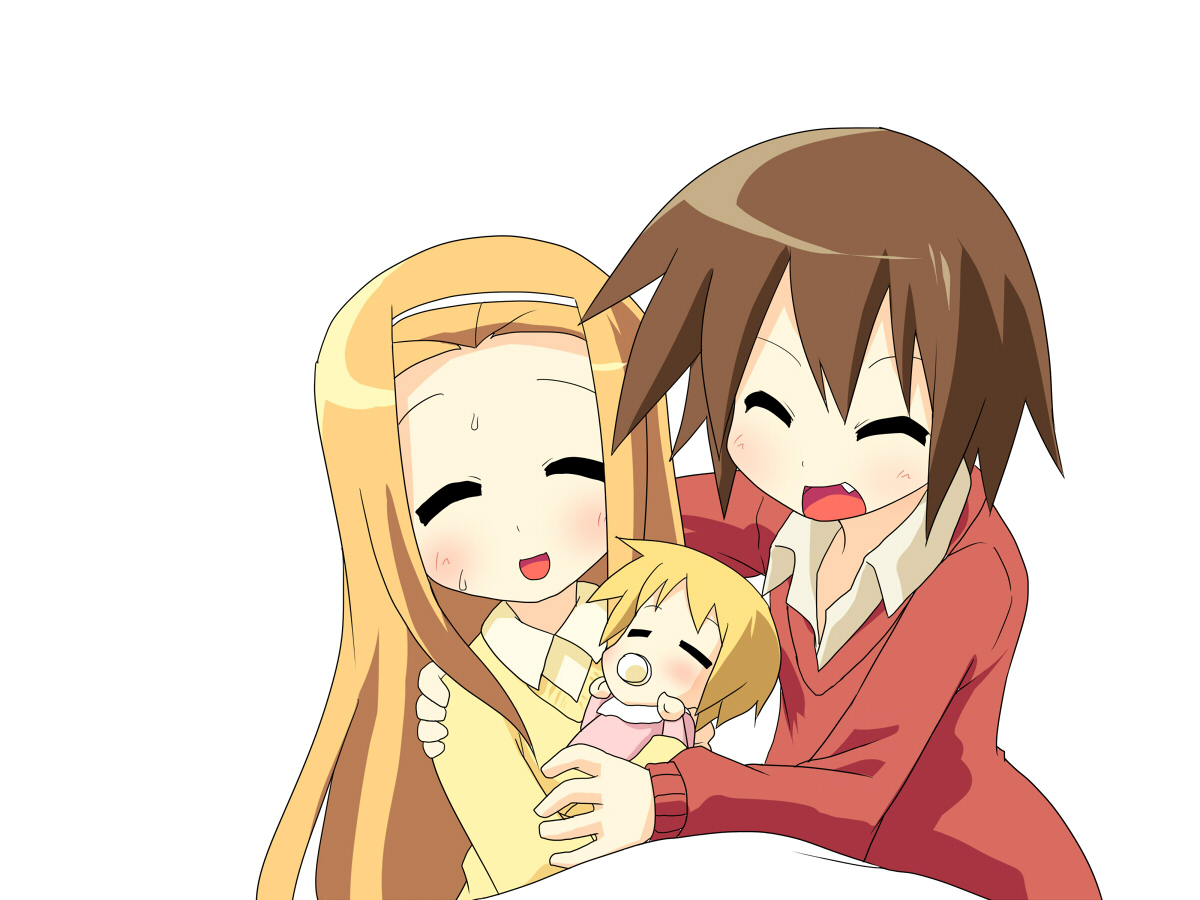 hujikok, kusakabe misao, minegishi ayano, lucky star, bad id, bad pixiv id, 00s, 3girls, ^ ^, age difference, baby, baby carry, blush, brown hair, carrying, closed eyes, family, fang, if they mated, indoors, long hair, mother and daughter, multiple girls, open mouth, short hair, simple background, smile, sweat, white background, yuri