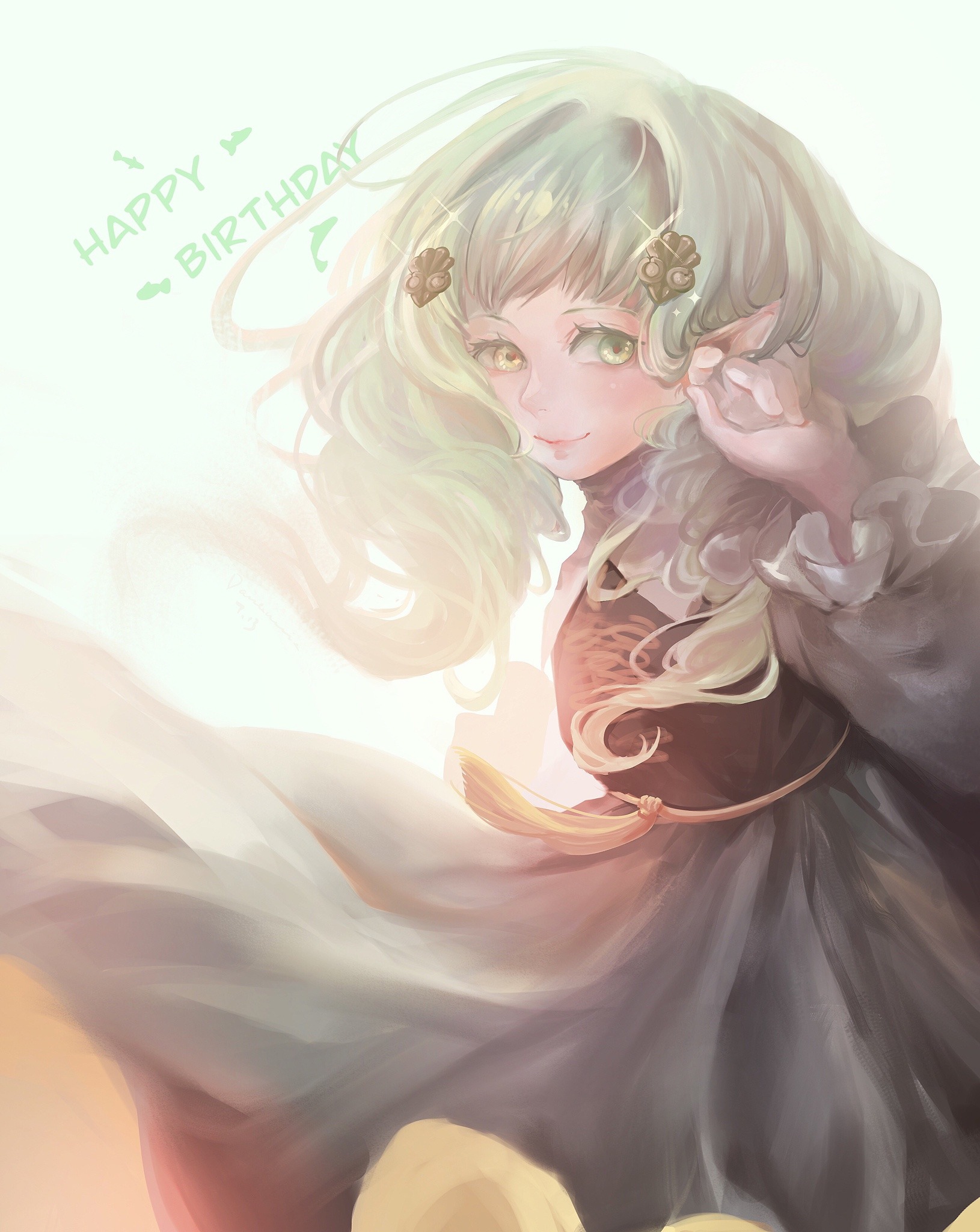 danannie, flayn (fire emblem), fire emblem, fire emblem: three houses, nintendo, highres, 1girl, drill hair, garreg mach monastery uniform, green eyes, green hair, hair ornament, hairclip, long hair, long sleeves, solo, twin drills
