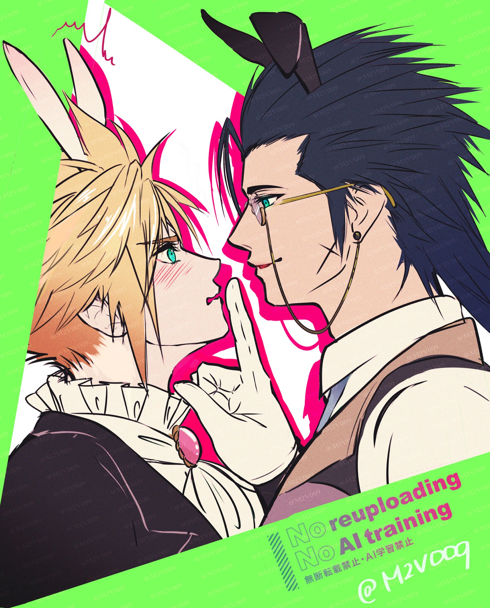 m2v009, cloud strife, zack fair, final fantasy, final fantasy vii, final fantasy vii ever crisis, highres, 2boys, alternate costume, animal ears, aqua eyes, ascot, black hair, black jacket, blonde hair, blush, collared shirt, cross scar, earrings, eyewear strap, facial scar, finger to another's mouth, glasses, gloves, hair slicked back, jacket, jewelry, looking at another, medium hair, multiple boys, official alternate costume, parted lips, rabbit boy, rabbit ears, scar, scar on cheek, scar on face, shirt, short hair, sideburns, single earring, smile, spiked hair, suit jacket, twitter username, vest, waistcoat, wavy mouth, white ascot, white gloves, white shirt, yaoi, zack fair (bunny butler)
