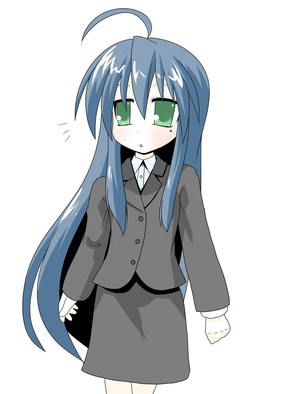 hujikok, izumi konata, lucky star, bad id, bad pixiv id, 00s, 1girl, ahoge, blue hair, female focus, formal clothes, green eyes, long hair, mole, mole under eye, solo