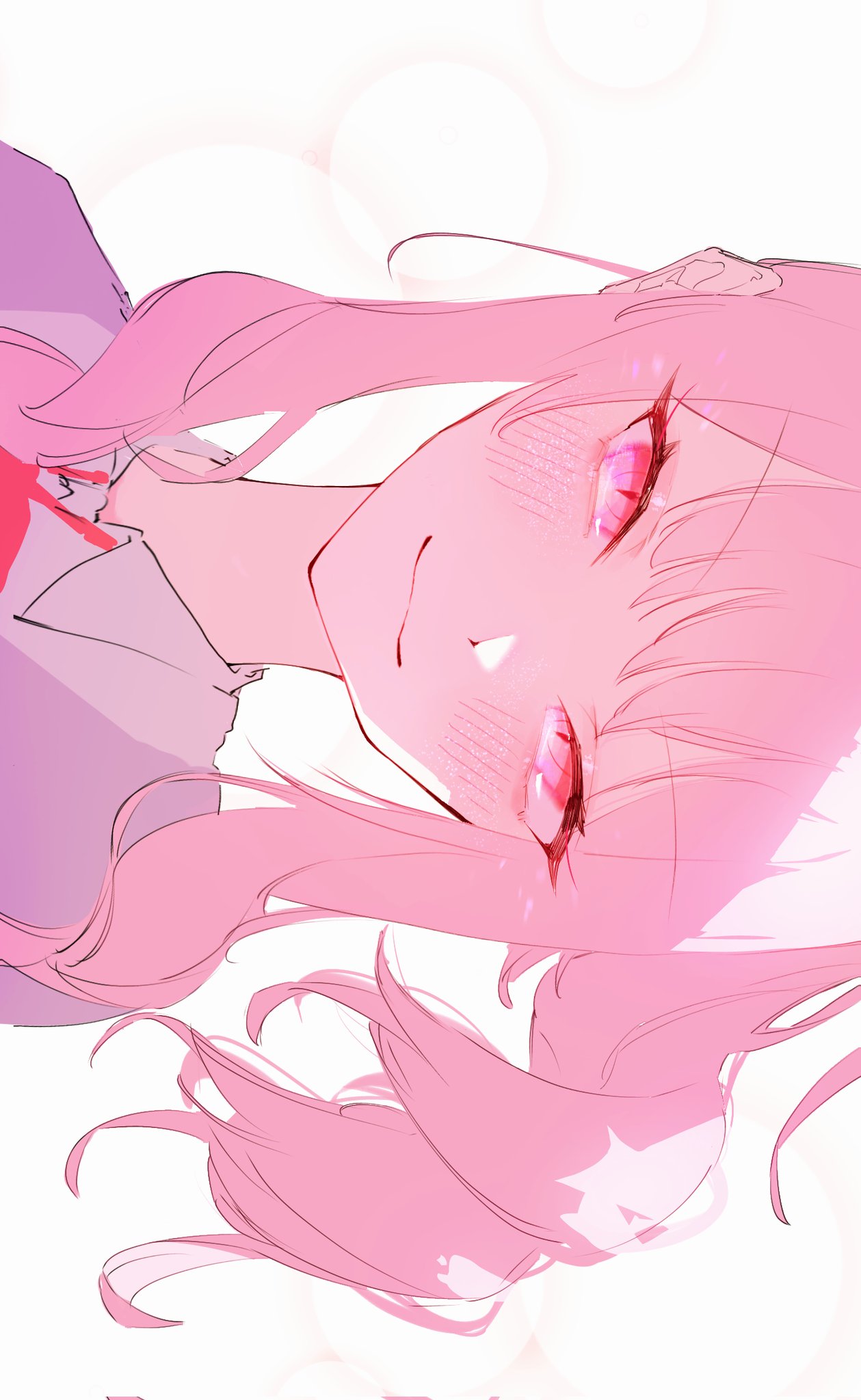 dnamaguro, akiyama mizuki, project sekai, commentary, highres, 1other, :3, blush, closed mouth, collared shirt, long hair, looking at viewer, pink eyes, pink hair, portrait, shirt, side ponytail, sidelocks, sideways, smile, white background