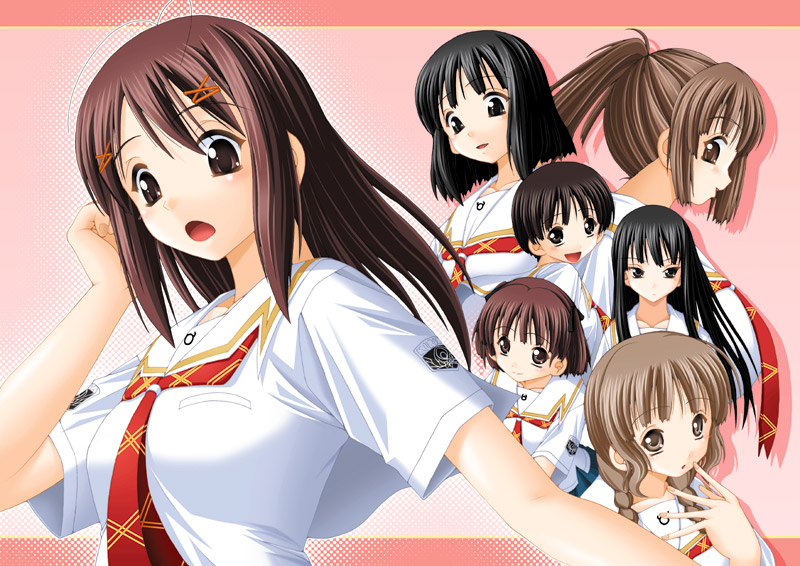 keito (keito-ya), aihara nana, futami eriko, hoshino yuumi, mizusawa mao, sakino asuka, satonaka narumi, shijou mitsuki, kimi kiss, archived source, commentary request, 2000s (style), 6+girls, adjusting hair, black eyes, black ribbon, blouse, blunt ends, border, braid, breast pocket, breasts, brown hair, choppy bangs, closed mouth, collared shirt, dated commentary, downturned eyes, drop shadow, emblem, everyone, eyelashes, fingernails, hair between eyes, hair ornament, hair over shoulder, hair ribbon, hairclip, long fingers, long hair, long sidelocks, looking at viewer, looking to the side, low-braided long hair, low-tied long hair, low twin braids, medium breasts, multiple girls, neckerchief, open mouth, pink background, pink border, plaid clothes, plaid neckerchief, pocket, ponytail, print sleeves, profile, red neckerchief, retro artstyle, ribbon, sailor collar, shirt, short hair, short sleeves, sidelocks, smile, split mouth, straight hair, tareme, tsurime, twin braids, two side up, upturned eyes, wavy sidelocks, white sailor collar, white shirt, white sleeves