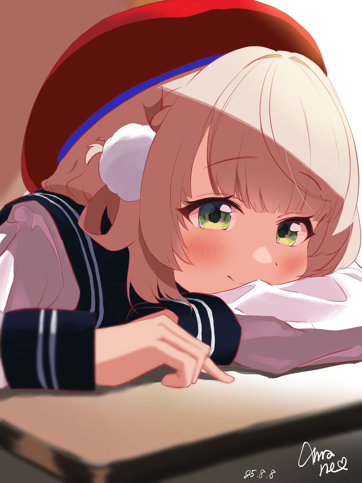 shigure ui (vtuber), indie virtual youtuber, commentary request, highres, 1girl, alternate costume, ama neeeee, blue sailor collar, blunt bangs, blurry, blurry foreground, blush, braid, brown hair, cardigan, closed mouth, dated, depth of field, desk, fidgeting, green eyes, hair ornament, hair rings, hat, head on table, head rest, long sleeves, looking at viewer, pom pom (clothes), pom pom hair ornament, red hat, sailor collar, school desk, school uniform, serafuku, shirt, short hair, side braid, side up ring, sidelighting, signature, smile, solo, sunset, swept bangs, virtual youtuber, white cardigan, white shirt