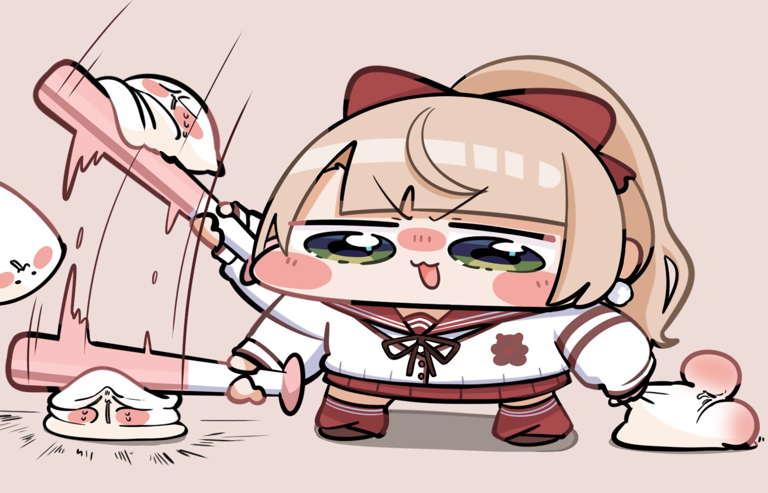 kakue gaku, shigure ui (vtuber), indie virtual youtuber, commentary request, 1girl, angry, baseball bat, blunt bangs, blush stickers, bow, brown hair, cardigan, chibi, chibi only, frown, green eyes, hair bow, holding, holding baseball bat, marshmallow (site), off-shoulder shirt, off shoulder, ponytail, red bow, red skirt, red socks, school uniform, shirt, side part, skirt, socks, solo, virtual youtuber, white cardigan