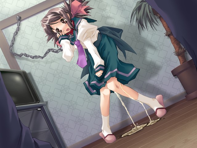 wall, artist request, character request, 1girl, bdsm, blush, bondage, bound, bow, brown eyes, brown hair, chain, chained, collar, dripping, dutch angle, food, glass, green skirt, hair bow, hand on own crotch, knees together feet apart, long hair, long sleeves, necktie, peeing, peeing self, pink bow, plant, potted plant, puddle, red collar, school uniform, serafuku, shadow, shirt, skirt, slave, slippers, socks, standing, sweat, tearing up, tears, television, tree, wet, white shirt, wooden floor