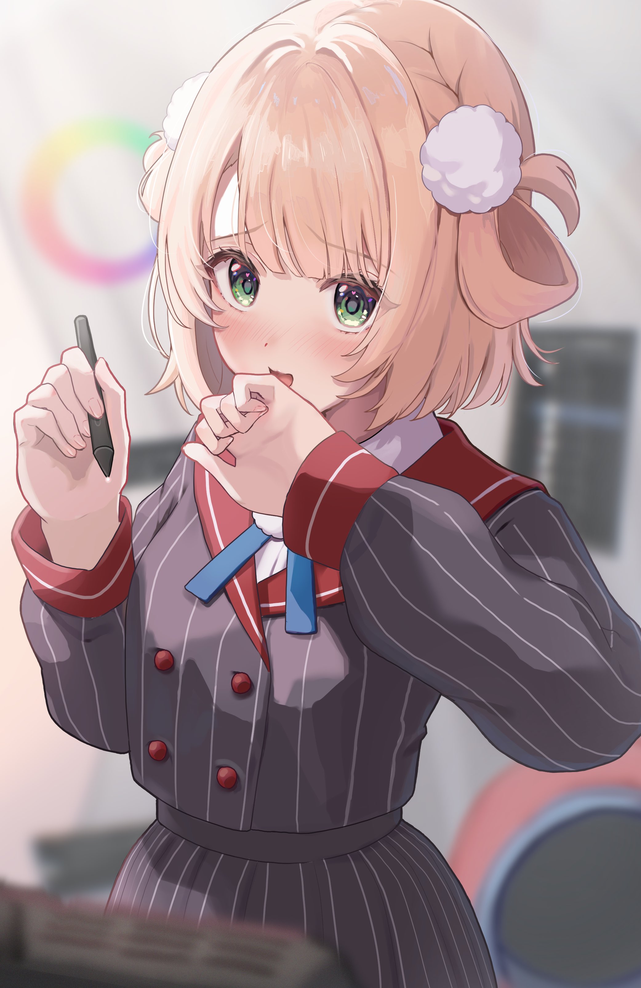 sasamin, shigure ui (vtuber), shigure ui (vtuber) (1st costume), indie virtual youtuber, absurdres, commentary request, highres, 1girl, blonde hair, blue ribbon, blunt bangs, blurry, blurry background, blurry foreground, blush, braid, buttons, collared shirt, covering own mouth, cowboy shot, depth of field, double-breasted, dress shirt, green eyes, grey jacket, grey skirt, hair ornament, hair rings, hand over own mouth, holding, holding stylus, jacket, long sleeves, looking at viewer, neck ribbon, no headwear, open mouth, pinstripe jacket, pinstripe pattern, pinstripe skirt, pom pom (clothes), pom pom hair ornament, raised inner eyebrows, red sailor collar, ribbon, sailor collar, school uniform, shirt, short hair, side braid, side part, side up ring, skirt, sleeve cuffs, solo, stylus, virtual youtuber, white shirt