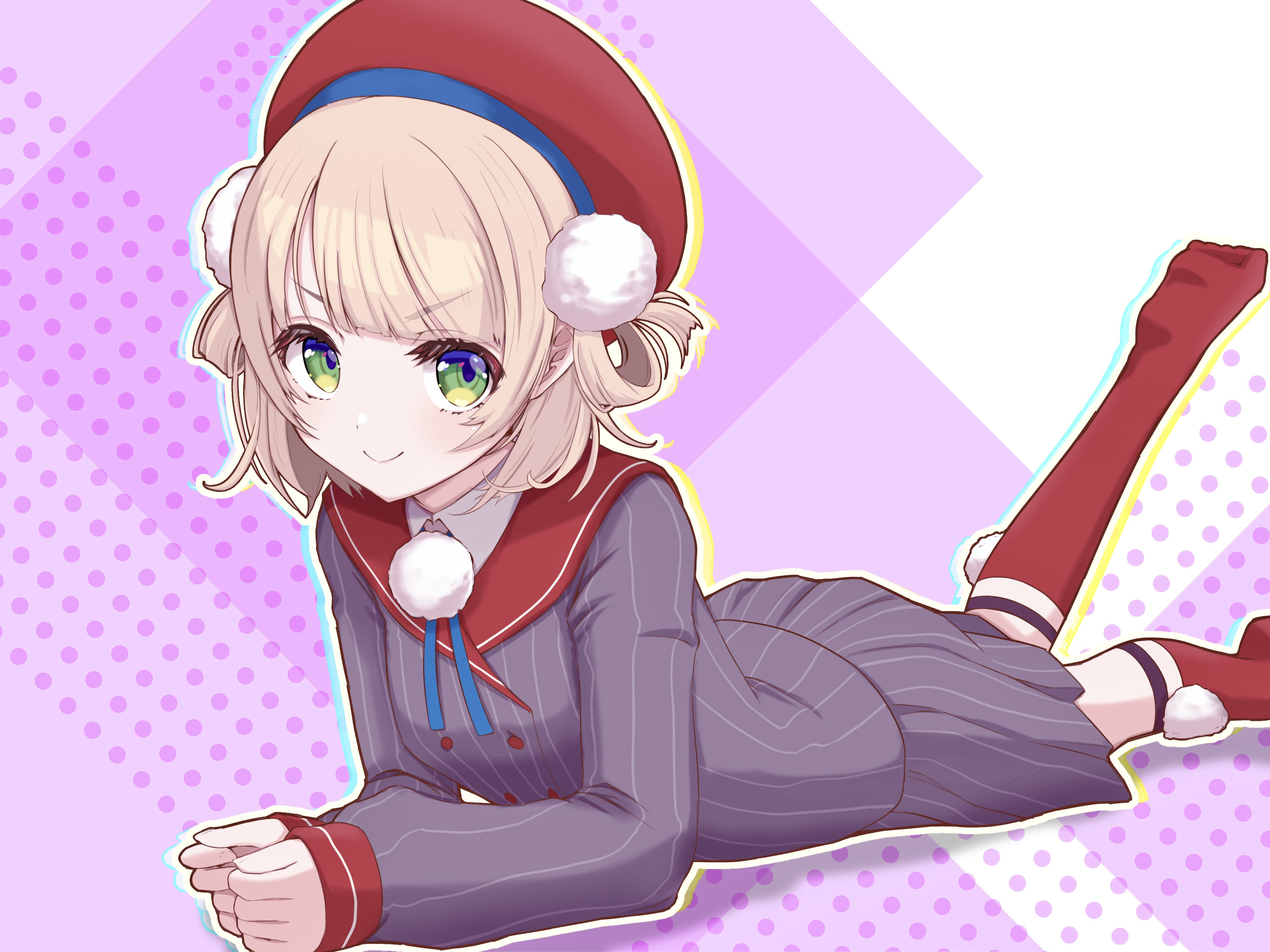 age+, shigure ui (vtuber), shigure ui (vtuber) (1st costume), indie virtual youtuber, absurdres, commentary request, highres, >:(, 1girl, beret, blonde hair, blue ribbon, blunt bangs, buttons, collared shirt, double-breasted, dress shirt, foot out of frame, foot up, green eyes, grey jacket, grey skirt, hair ornament, hair rings, hat, jacket, kneehighs, legwear garter, long sleeves, lying, miniskirt, neck ribbon, no shoes, on stomach, pinstripe jacket, pinstripe pattern, pinstripe skirt, pleated skirt, pom pom (clothes), pom pom hair ornament, purple background, red hat, red sailor collar, red socks, ribbon, sailor collar, school uniform, shirt, short hair, side part, side up ring, skirt, sleeve cuffs, smile, socks, solo, the pose, v-shaped eyebrows, virtual youtuber, white shirt