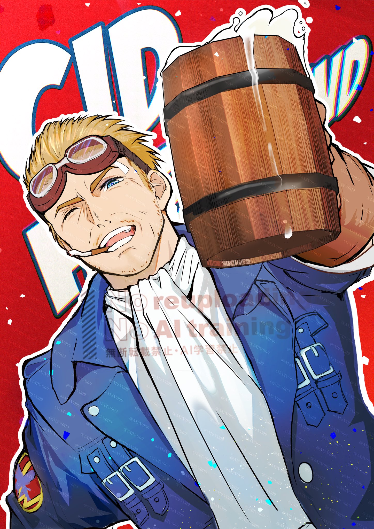 m2v009, cid highwind, final fantasy, final fantasy vii, highres, 1boy, ascot, aviator goggles, beard stubble, beer mug, blonde hair, blue eyes, blue jacket, brown gloves, character name, cigarette, cup, facial hair, gloves, goggles, goggles on head, hair slicked back, holding, holding cup, jacket, male focus, mug, one eye closed, open mouth, red background, shirt, short hair, smile, solo, stubble, upper body, white ascot, white shirt