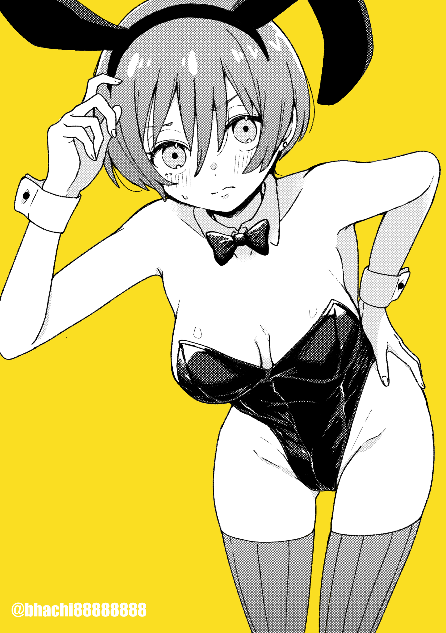 bhachi88888888, amate yuzuriha, gundam, gundam gquuuuuux, commentary, highres, 1girl, animal ear hairband, animal ears, artist name, bare arms, bare shoulders, blush, bow, bowtie, breasts, detached collar, earrings, fake animal ears, furrowed brow, greyscale with colored background, groin, hair between eyes, hairband, hand on own hip, highleg, highleg leotard, jewelry, leotard, looking at viewer, medium breasts, playboy bunny, rabbit ear hairband, rabbit ears, short hair, solo, strapless, strapless leotard, sweatdrop, thighhighs, twitter username, wrist cuffs, yellow background