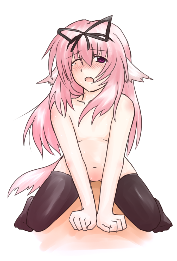 sakuragi rian, original, 1girl, animal ears, black thighhighs, blush, bow, breasts, cowgirl position, dog ears, girl on top, hair bow, hair ribbon, nude, ribbon, sex, small breasts, solo, straddling, tail, tears, thighhighs, thighs, wince