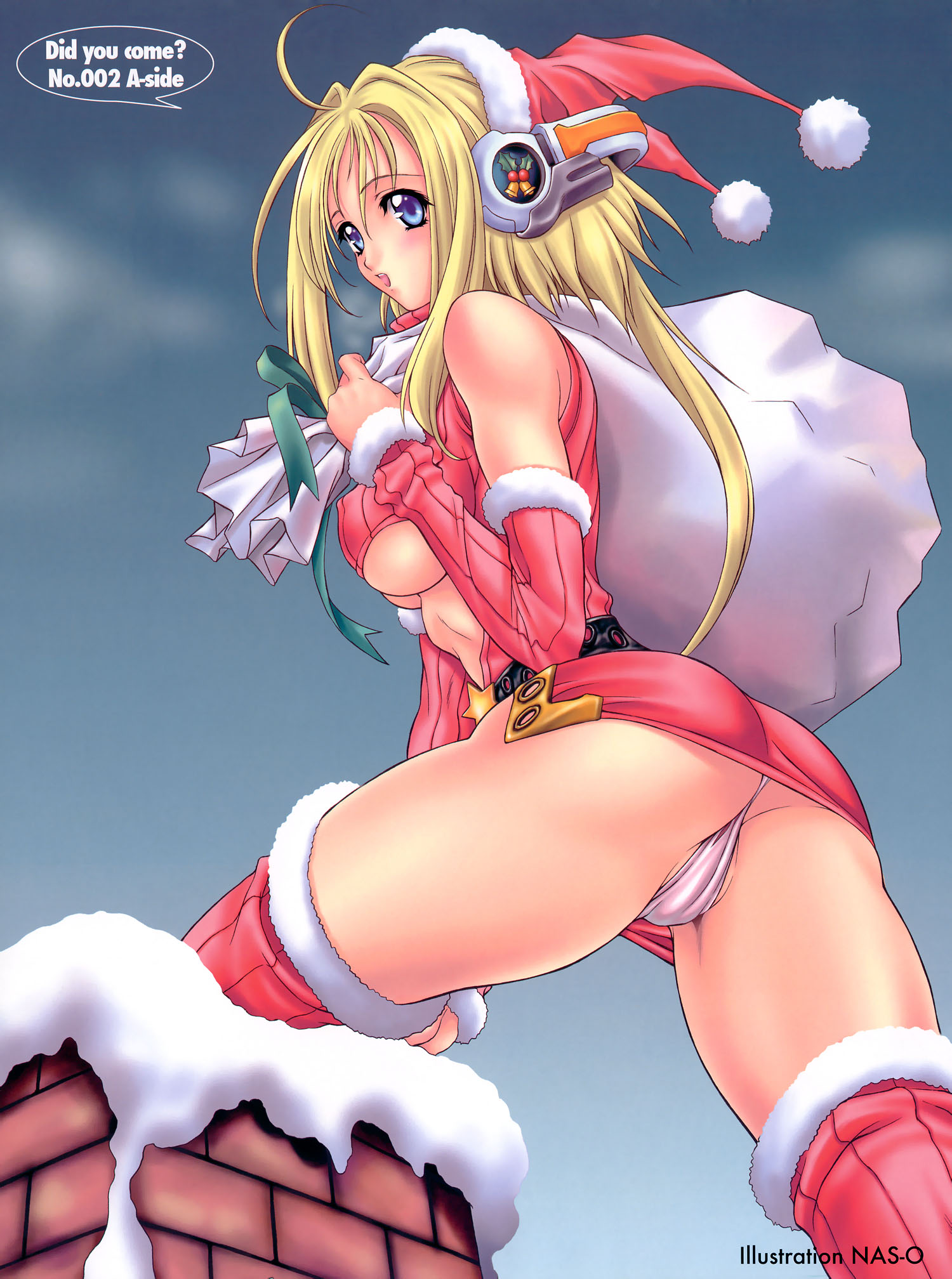 nas-o, highres, 1girl, belt, blonde hair, blue eyes, breasts, chimney, christmas, detached sleeves, female focus, hat, headphones, large breasts, long hair, panties, santa costume, santa hat, snow, solo, thighhighs, underboob, underwear, upskirt