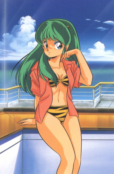 nakajima atsuko, lum, urusei yatsura, 1980s (style), animal print, bikini, blue eyes, cloud, cone horns, day, green hair, horns, long hair, ocean, oldschool, retro artstyle, solo, striped horns, swimsuit, tiger print