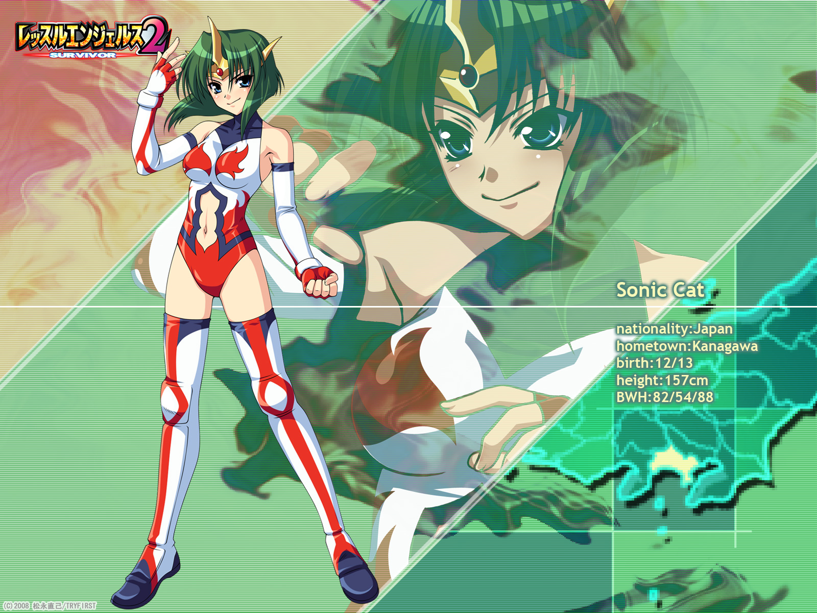sonic cat, wrestle angels, wrestle angels survivor 2, highres, official art, official wallpaper, 1girl, blue eyes, circlet, elbow gloves, fingerless gloves, gloves, green hair, leotard, navel, red leotard, short hair, smile, thighhighs