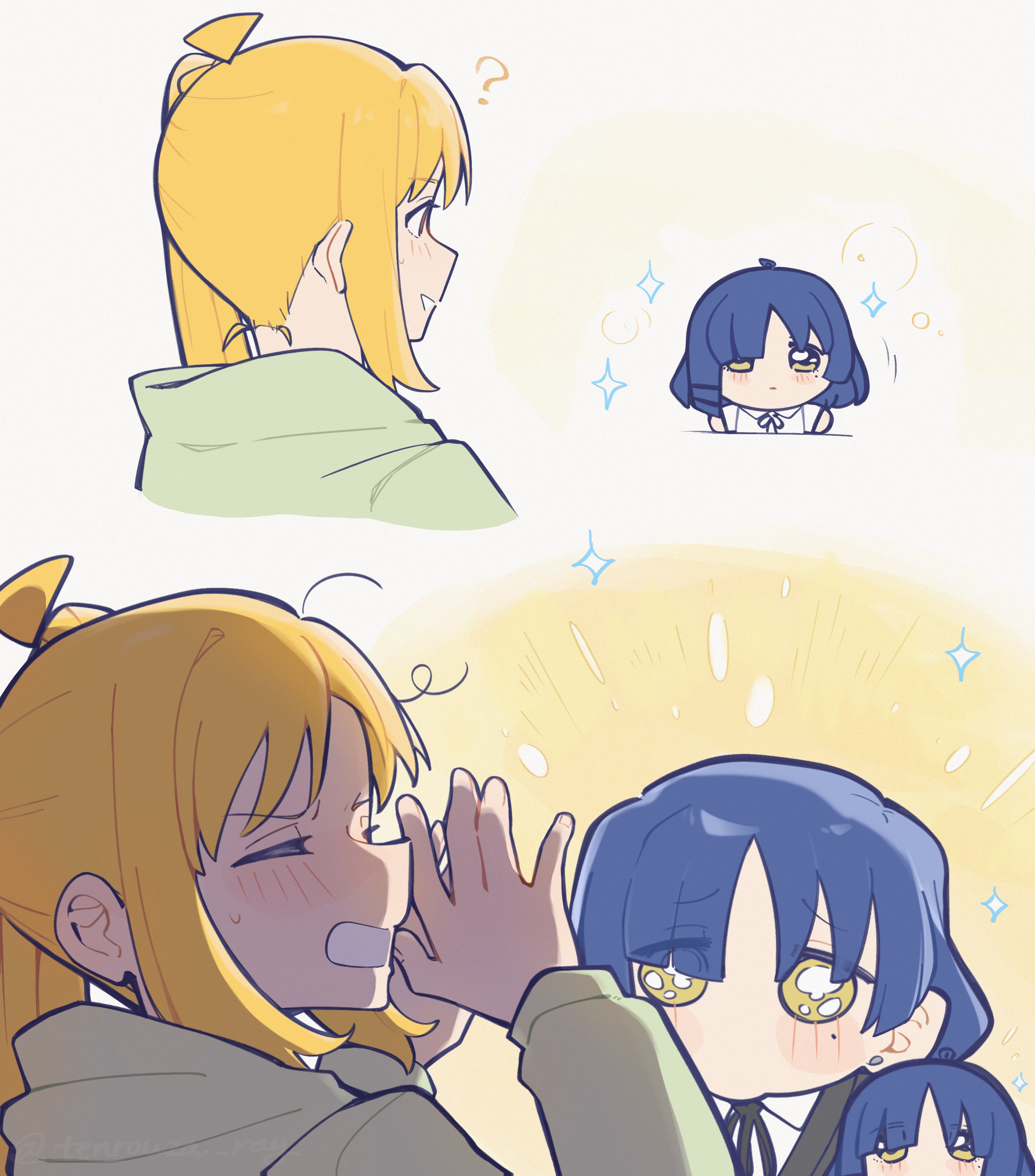 tenrouza ray, ijichi nijika, yamada ryo, bocchi the rock!, absurdres, commentary request, highres, 2girls, ahoge, blonde hair, blue hair, blush, closed eyes, long hair, mole, mole under eye, multiple girls, pleading eyes, short hair, side ponytail, yellow eyes