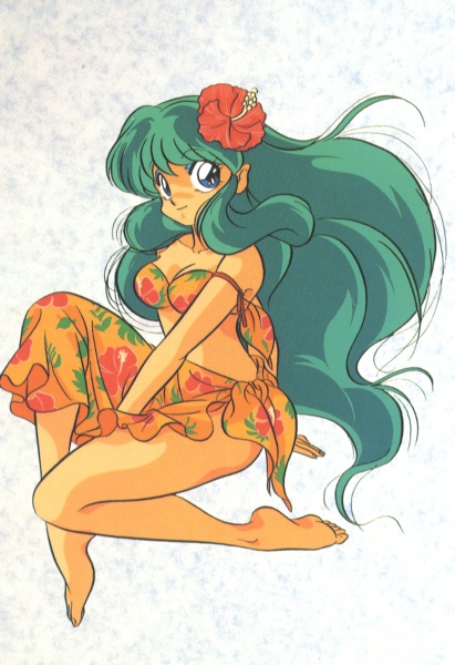nakajima atsuko, lum, urusei yatsura, 1980s (style), blue eyes, flower, green hair, hair flower, hair ornament, long hair, oldschool, retro artstyle, solo