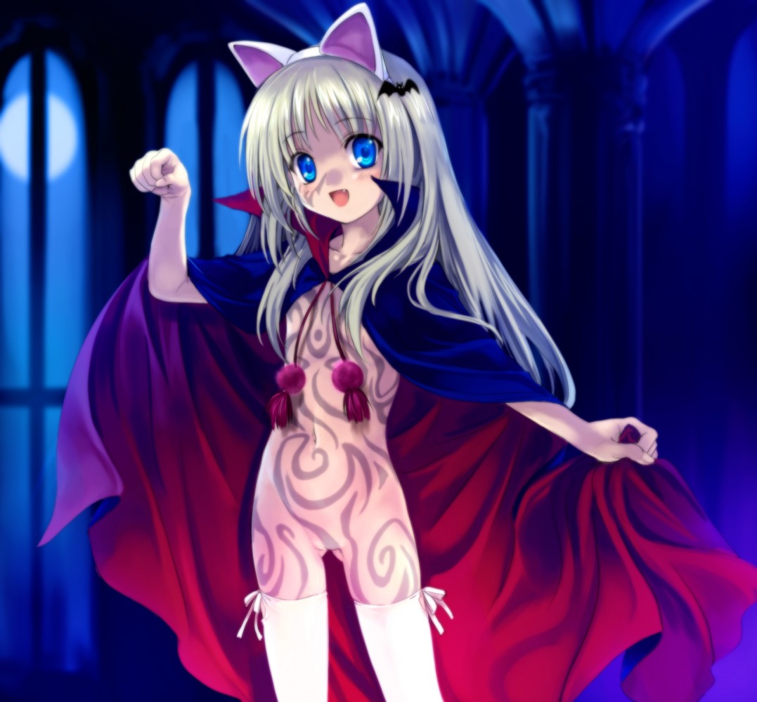 mutsuki (moonknives), hazuki (tsukuyomi), noumi kudryavka, key (company), little busters!, tsukuyomi moonphase, silver hair, 1girl, animal ears, aqua eyes, blonde hair, cape, cat ears, cosplay, fang, female focus, flat chest, hair ornament, hairclip, hazuki (tsukuyomi) (cosplay), loli, long hair, markings, moon, naked cape, night, nude, paw pose, solo, tattoo, thighhighs, window