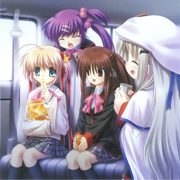 hinoue itaru, na-ga, kamikita komari, natsume rin, noumi kudryavka, saigusa haruka, little busters!, silver hair, 4girls, aqua eyes, blonde hair, bow, brown hair, cape, eating, fang, hat, long hair, multiple girls, pink bow, purple hair, red eyes, ribbon, school uniform, serafuku, short hair, smile, very long hair
