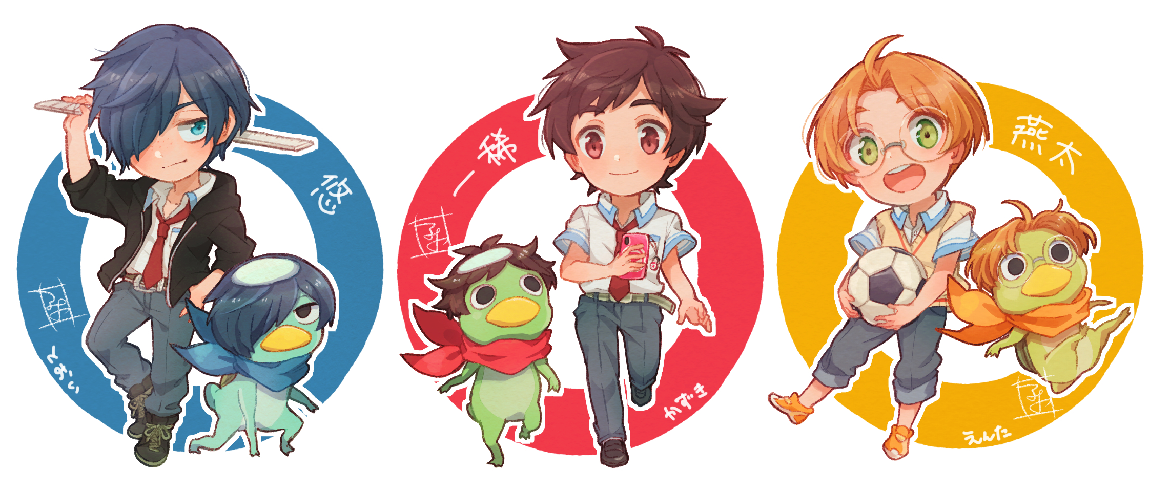 aoya (ayoyame18), jinnai enta, kuji toi, yasaka kazuki, sarazanmai, commentary request, highres, 3boys, ball, black jacket, blue eyes, blue hair, blue pants, brown hair, brown sweater vest, cellphone, dual persona, glasses, green eyes, grey pants, holding, holding ball, holding phone, holding ruler, jacket, kappa, male focus, multiple boys, necktie, open mouth, orange shoes, pants, phone, red necktie, shoes, short hair, smartphone, soccer ball, sweater vest