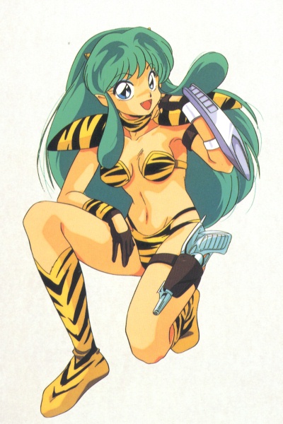 nakajima atsuko, lum, urusei yatsura, 1980s (style), 1girl, animal print, bikini, blue eyes, boots, breasts, cone horns, eyeshadow, female focus, full body, gloves, gradient background, green hair, gun, horns, knee boots, long hair, makeup, oldschool, retro artstyle, solo, striped horns, swimsuit, tiger print, weapon, yellow bikini