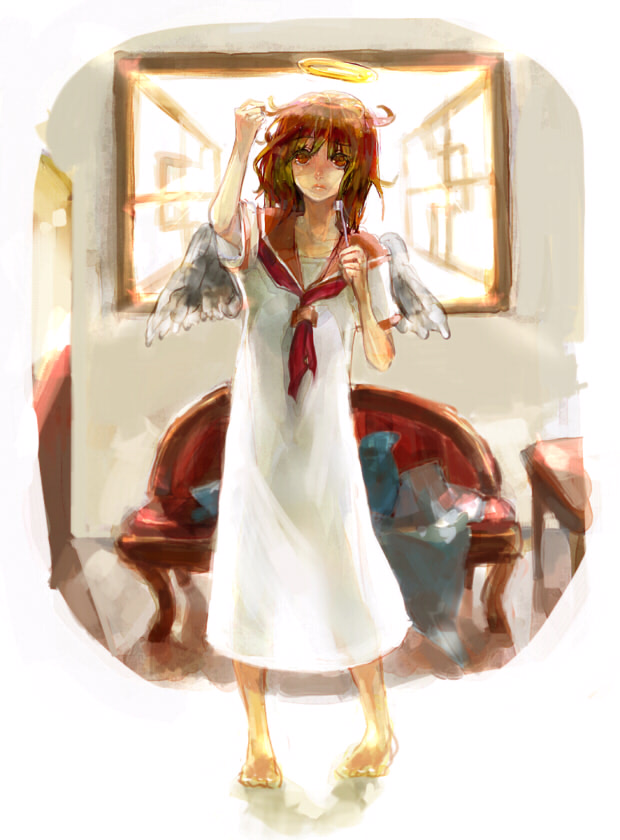 mimic (artist), suimin, rakka (haibane renmei), haibane renmei, bad id, bad pixiv id, 00s, 1girl, angel wings, barefoot, brown hair, female focus, halo, messy hair, school uniform, serafuku, short hair, solo, static cling, toothbrush, traditional halo, wings