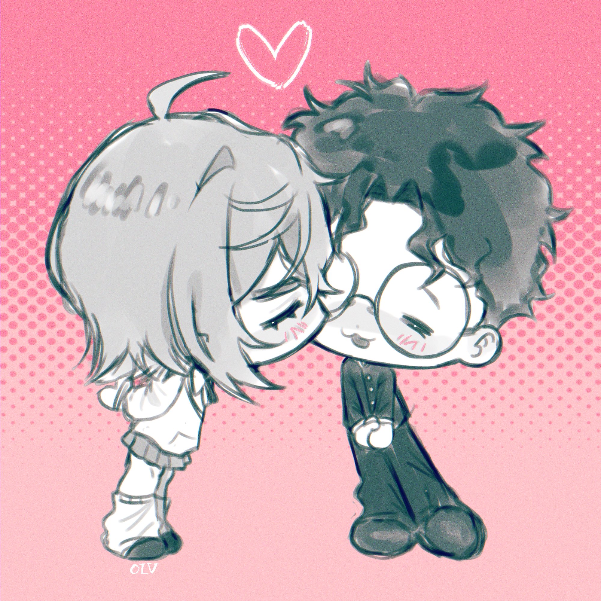 ayase momo, takakura ken (dandadan), dandadan, highres, 1boy, 1girl, :3, ahoge, arms behind back, black hair, black jacket, black pants, blush, bow, bowtie, chibi, chibi only, closed eyes, couple, crossed bangs, fervency, furrowed brow, gakuran, glasses, hair between eyes, hetero, jacket, kiss, kissing cheek, leaning forward, loose socks, medium hair, monochrome, own hands together, pants, parted bangs, pink background, pleated skirt, round eyewear, school uniform, shoes, sketch, skirt, socks, sweater, wavy hair