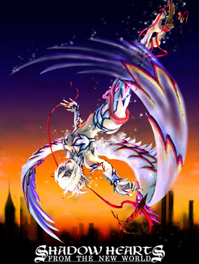 hata en, tamaki kazu, shania, thunderbird (shadow hearts), shadow hearts, shadow hearts from the new world, 1girl, :d, armpits, ass, bare shoulders, barefoot, blue eyes, breasts, building, cleavage, copyright name, dusk, english text, feathers, female focus, floating, from side, full body, hair between eyes, headband, high heels, light particles, long pointy ears, looking at viewer, midriff, open mouth, outdoors, outstretched arms, pale skin, pointy ears, ponytail, shoes, short hair, short ponytail, skyscraper, smile, solo, spread arms, unworn shoes, upside-down, white hair, wings