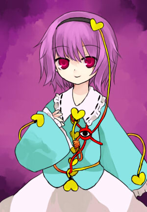 komeiji satori, touhou, lowres, 1girl, dress, female focus, gradient background, hairband, purple eyes, purple hair, solo