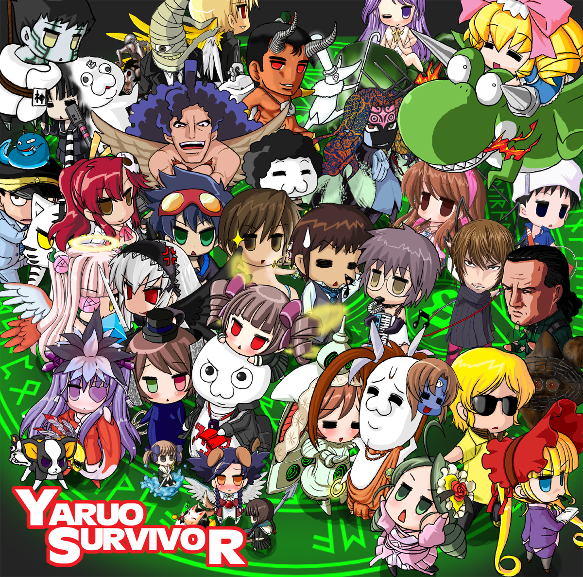 gorakujin, abe takakazu, asahina mikuru, barasuishou, char aznable, demi-fiend, hiiragi kagami, hinaichigo, iggy (jojo), kanaria, kirakishou, koizumi itsuki, kyon, nagato yuki, quattro bajeena, ryuuguu rena, shinku, simon (ttgl), souseiseki, steven seagal, suigintou, suiseiseki, takamachi nanoha, yagami light, yaranaio, yaruo, yoko littner, 2channel, death note, devil survivor (series), gundam, higurashi no naku koro ni, jojo no kimyou na bouken, kuso miso technique, lucky star, lyrical nanoha, real life, rozen maiden, shin megami tensei, shin megami tensei iii: nocturne, stardust crusaders, suzumiya haruhi no yuuutsu, tengen toppa gurren lagann, zeta gundam, character request, commentary request, copyright request, 2000s (style), 6+boys, 6+girls, :3, alternate costume, black eyes, black hair, blonde hair, bonnet, brown hair, chibi, chibi only, colored skin, crossover, faucet, full body, green eyes, green hair, heterochromia, instrument, keyboard (instrument), long hair, magic circle, mask, masked, melodica, multiple boys, multiple crossover, multiple girls, open mouth, red bonnet, red eyes, red skin, short hair, sink, sunglasses, twintails