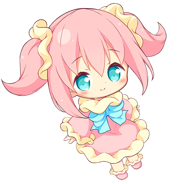 aikei ake, original, commentary request, 1girl, blue bow, blue eyes, blush, bow, chibi, closed mouth, dress, frilled dress, frilled sleeves, frills, full body, long sleeves, looking at viewer, personification, pink dress, pink hair, pink shoes, shoes, simple background, sleeves past wrists, smile, solo, twintails, white background, wide sleeves