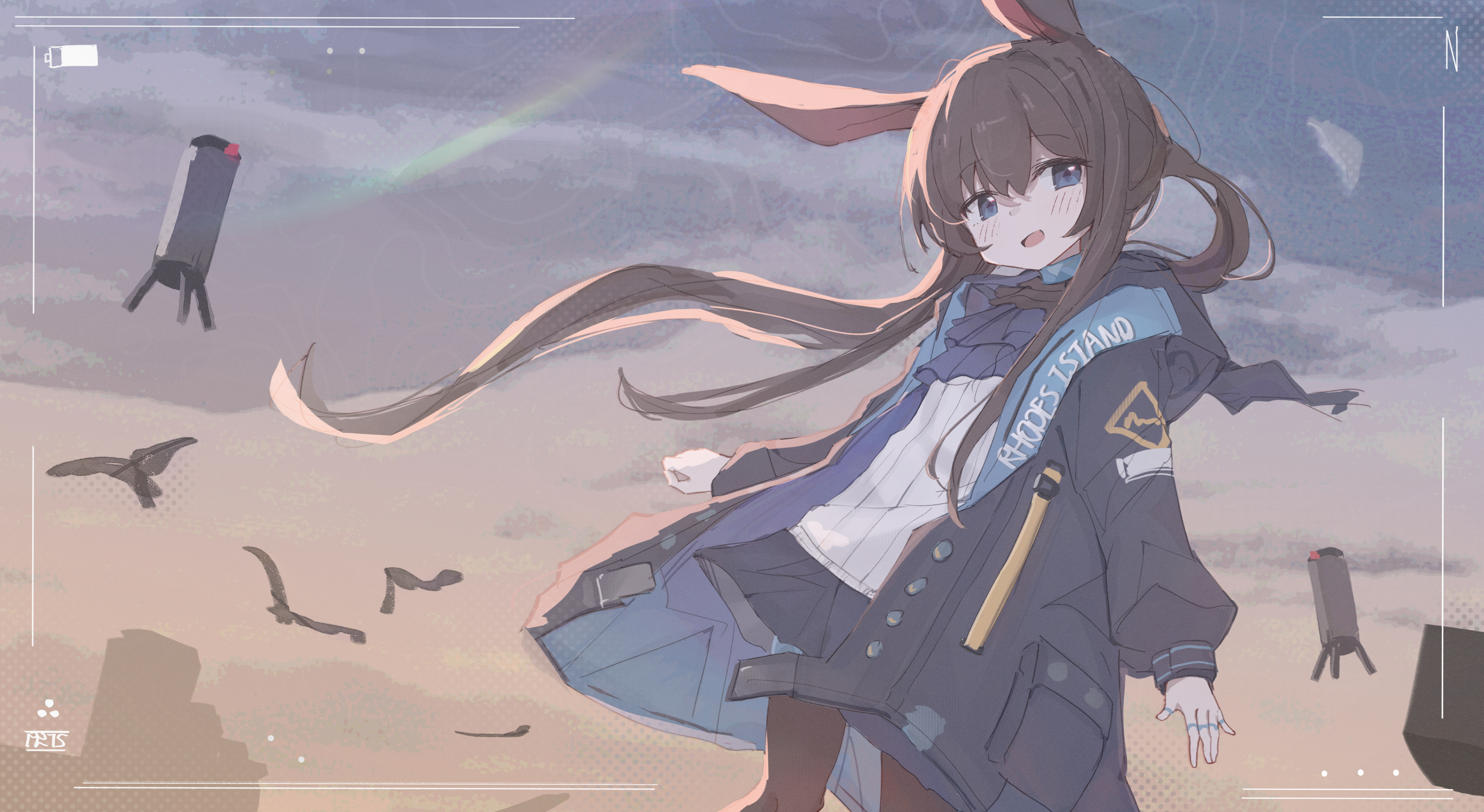nalphanne, amiya (arknights), arknights, absurdres, commentary, highres, 1girl, animal ears, ascot, battery indicator, bird, black jacket, black pantyhose, black skirt, blue ascot, blue eyes, brown hair, jacket, jewelry, long hair, long sleeves, looking at viewer, miniskirt, multiple rings, open clothes, open mouth, pantyhose, ponytail, puffy long sleeves, puffy sleeves, rabbit ears, rabbit girl, ribbed shirt, ring, shirt, sidelocks, skirt, solo, viewfinder, white shirt